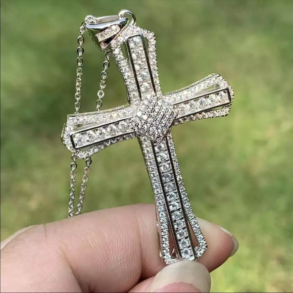 New Men Women 925 Silver Cross Diamond Necklace - Picture 2 of 7